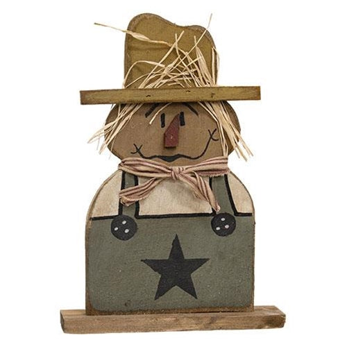 Rustic Wood Green Overalls Scarecrow on Base