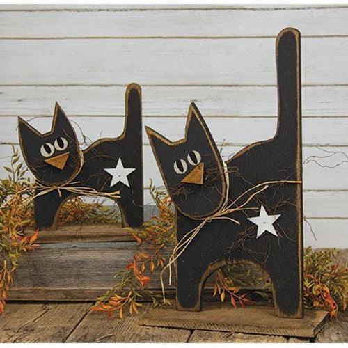 Rustic Wood Large Black Cat w White Star on Base - The Fox Decor