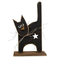 Rustic Wood Large Black Cat w White Star on Base - The Fox Decor