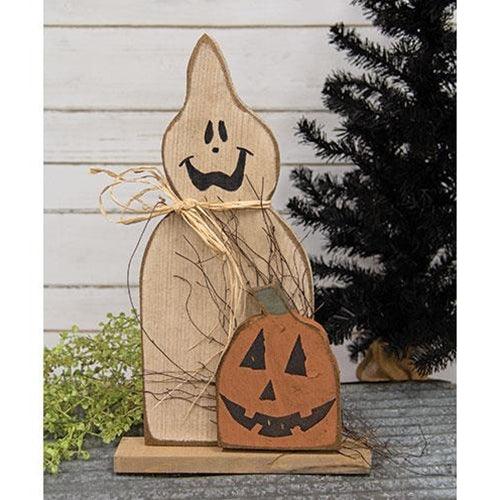Rustic Wood Ghost w Jack O Lantern on Base - The Fox Decor