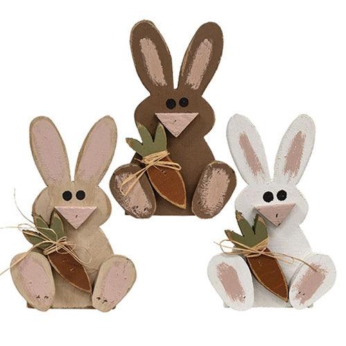 Rustic Wood Sitting Baby Bunny w Carrot 3 Asstd - The Fox Decor