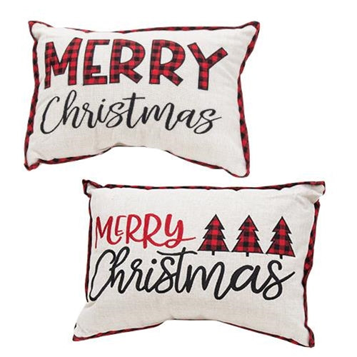 Embroidered Buffalo Check Trim Merry Christmas Pillow 2 Asstd