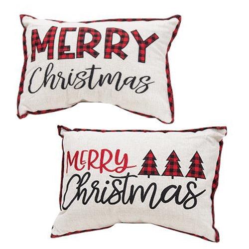 Embroidered Buffalo Check Trim Merry Christmas Pillow 2 Asstd - The Fox Decor