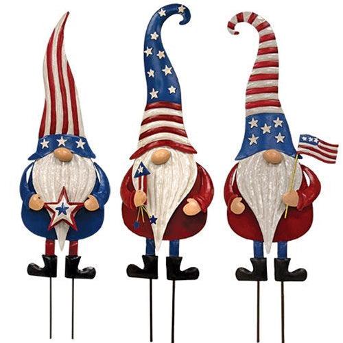 Metal Americana Gnome Garden Stake 3 Asstd