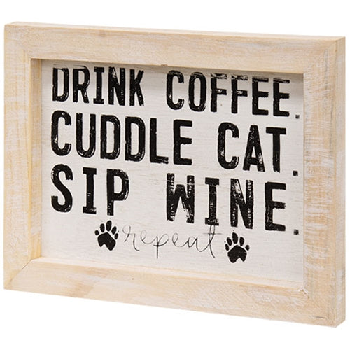 Coffee Cat and Wine Framed Sign