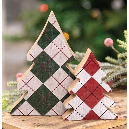 2 Set Distressed Wooden Plaid Christmas Trees