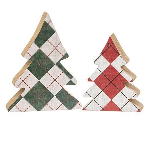 2 Set Distressed Wooden Plaid Christmas Trees