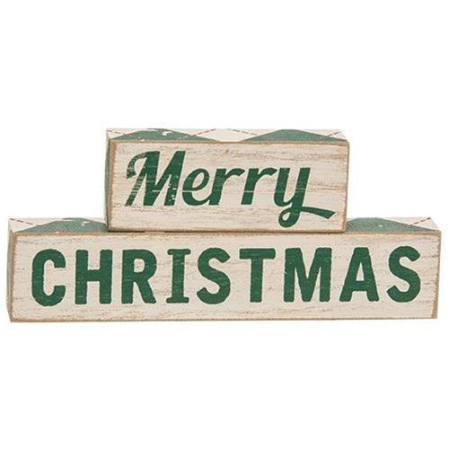 2 Set Plaid Merry Christmas Wooden Blocks - The Fox Decor