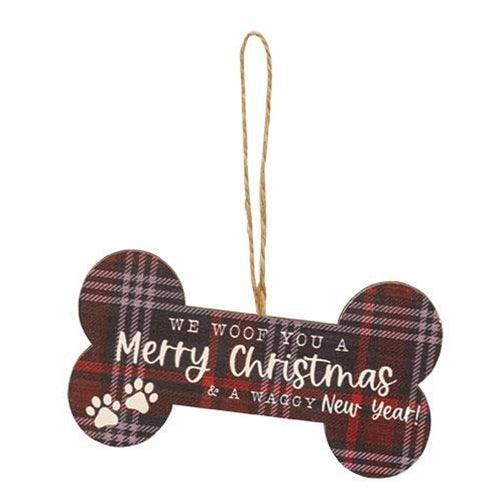 We Woof You A Merry Christmas Plaid Dog Bone Ornament 4 Asstd - The Fox Decor
