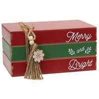 Merry and Bright Wooden Stacked Books - The Fox Decor