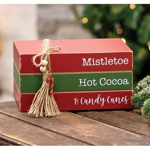 Mistletoe Hot Cocoa & Candy Canes Wooden Stacked Books