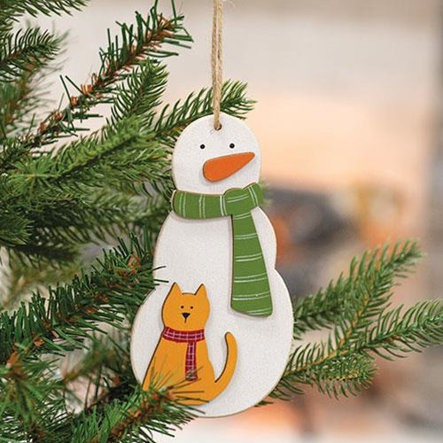 Snowman With Cat Wooden Ornament