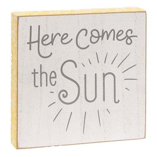 Here Comes the Sun Distressed Wooden Block Sign - The Fox Decor