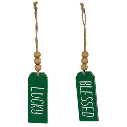 Blessed Or Lucky Green Wooden Tag 2 Asstd