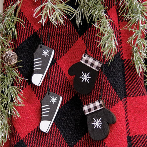 2 Set Buffalo Check Snowflake Mitten & Shoe Dangle Ornaments