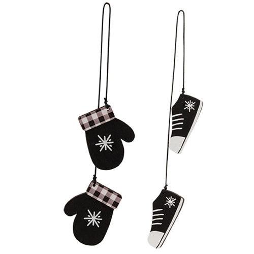 2 Set Buffalo Check Snowflake Mitten & Shoe Dangle Ornaments