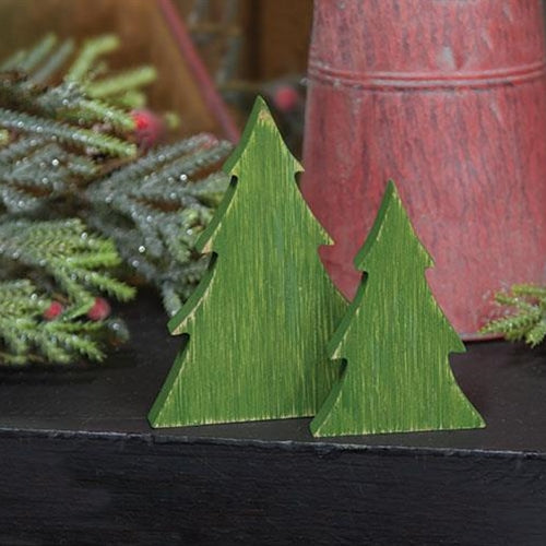 2 Set Distressed Green Wooden Christmas Tree Sitters