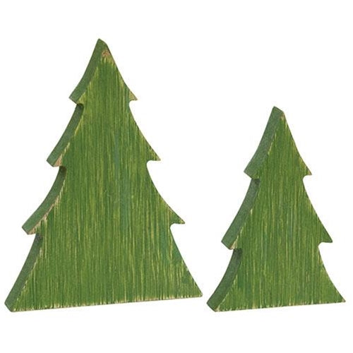 2 Set Distressed Green Wooden Christmas Tree Sitters