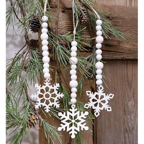 White Beaded Wooden Snowflake Cutout Ornament 3 Asstd - The Fox Decor