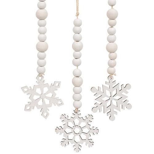 White Beaded Wooden Snowflake Cutout Ornament 3 Asstd - The Fox Decor
