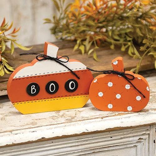 2 Set Candy Corn Boo & Polka Dot Pumpkin Sitters - The Fox Decor