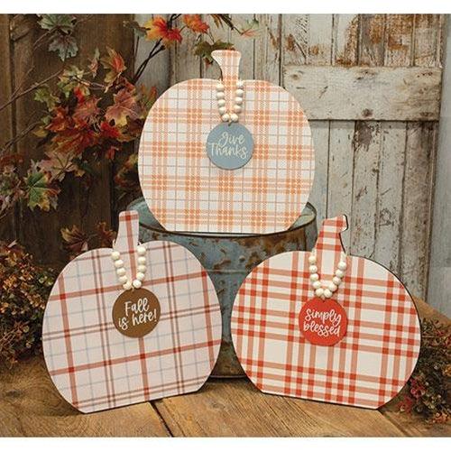 Plaid Fall Sayings Charm Pumpkin Easel 3 Asstd - The Fox Decor