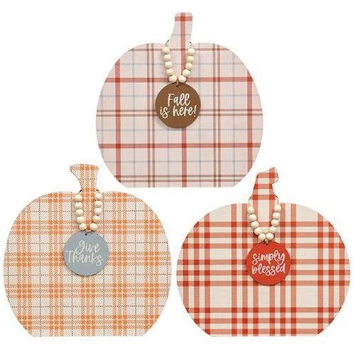 Plaid Fall Sayings Charm Pumpkin Easel 3 Asstd