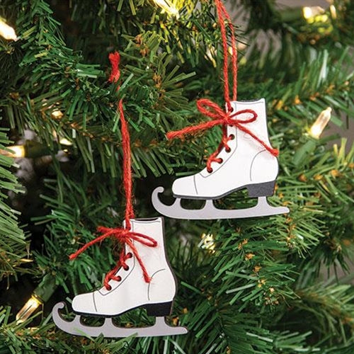 2 Set Wooden Ice Skate Ornaments w Red Laces