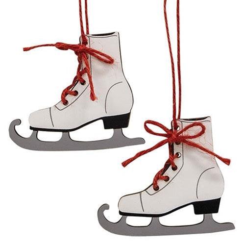 2 Set Wooden Ice Skate Ornaments w Red Laces