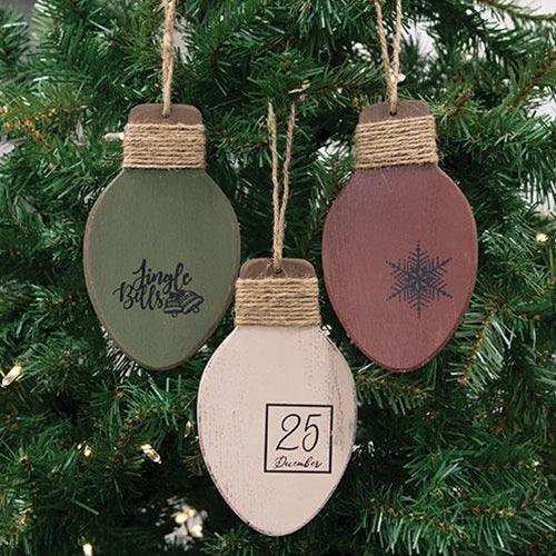 Distressed Wooden Christmas Light Ornament 3 Asstd - The Fox Decor