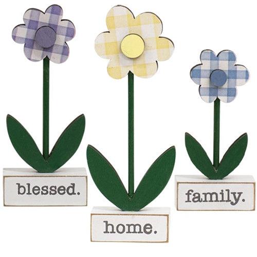 3 Set Home Blessed Family Gingham Check Daisies on Base - The Fox Decor