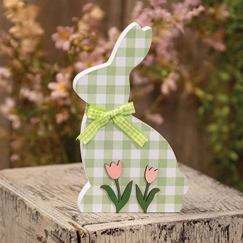 Green & White Buffalo Check Bunny w Tulips Sitter - The Fox Decor