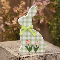 Green & White Buffalo Check Bunny w Tulips Sitter - The Fox Decor