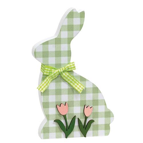 Green & White Buffalo Check Bunny w Tulips Sitter - The Fox Decor