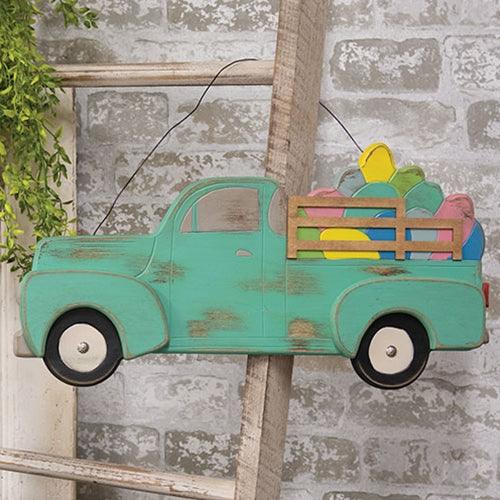 Distressed Hanging Teal Wooden Easter Egg Truck - The Fox Decor