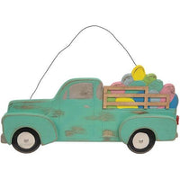 Distressed Hanging Teal Wooden Easter Egg Truck - The Fox Decor