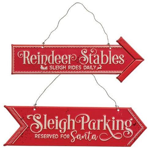 Reindeer & Sleigh Parking Metal Hanging Sign 2 Asstd - The Fox Decor