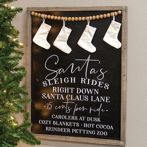Santa's Sleigh Rides Stocking Beaded Wood Sign - The Fox Decor