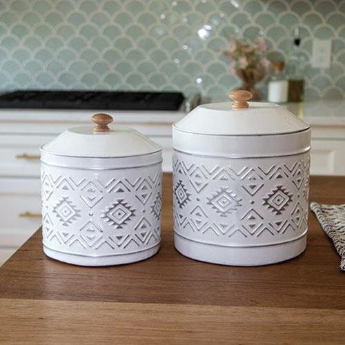 2 Set Aztec White Metal Canisters - The Fox Decor