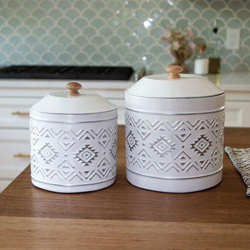 2 Set Aztec White Metal Canisters