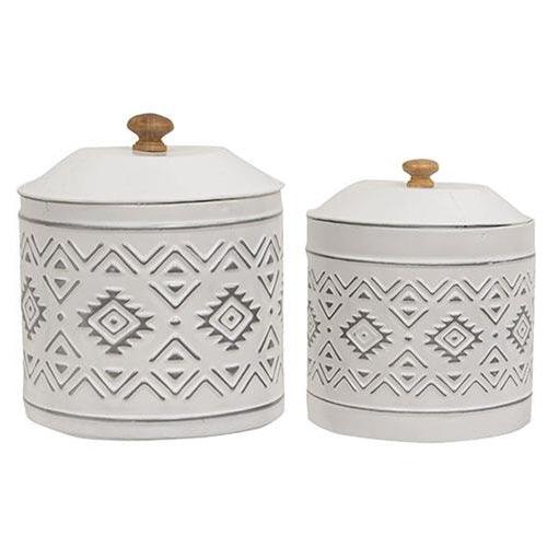 2 Set Aztec White Metal Canisters - The Fox Decor
