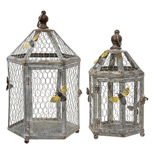 2 Set Rustic Bee Metal Birdcage w Chicken Wire