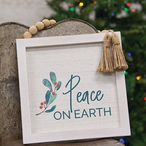 Peace On Earth Framed Sign w Beads & Tassels - The Fox Decor