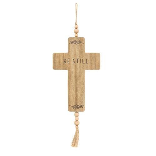 Be Still Cross Wood Ornament w Beads & Tassel - The Fox Decor