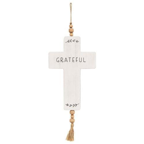 Grateful Cross Wood Ornament w Beads & Tassel - The Fox Decor