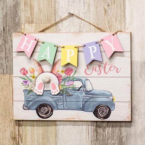 Happy Easter Banner Bunny Truck Hanging Wood Sign - The Fox Decor