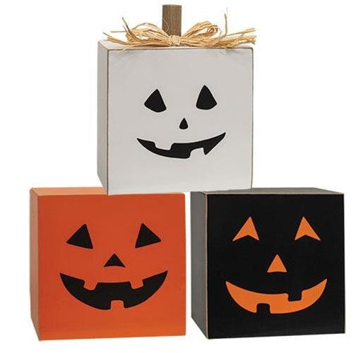 3 Set Jack O Lantern Pumpkin Wood Stack - The Fox Decor