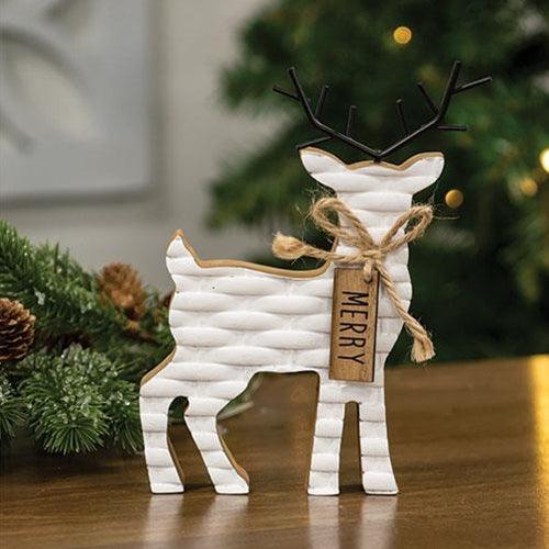 Woodland White Basketweave Deer Wood Sitter - The Fox Decor