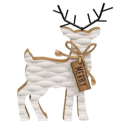 Woodland White Basketweave Deer Wood Sitter - The Fox Decor