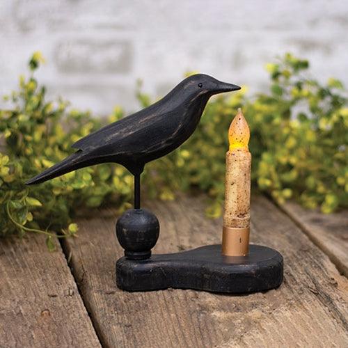 Wooden Crow Pedestal w Taper Holder - The Fox Decor